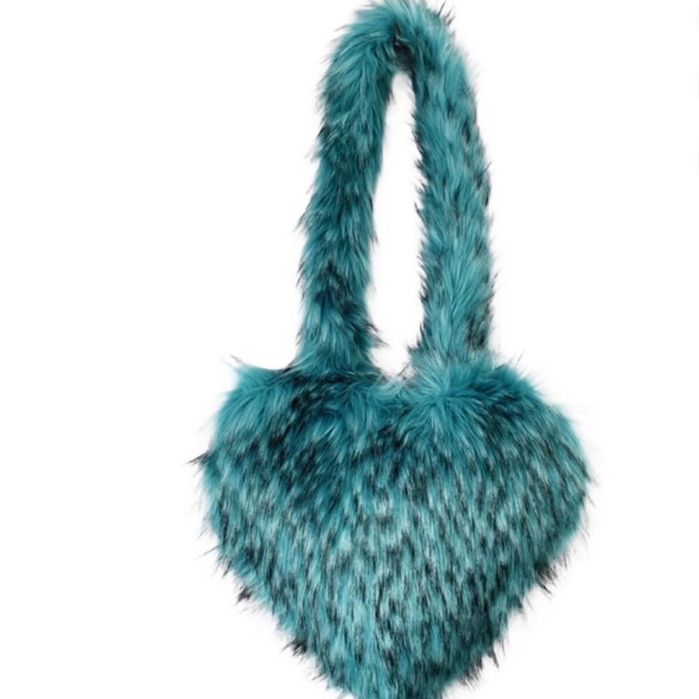 Faux Fur Heart-Shaped Shoulder Bag - Teal